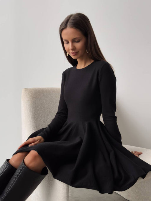 Round Neck Waist Trimming Knitted Dress Women All Match Advanced Pleated Woolen-Black-Fancey Boutique