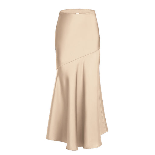 Women Acetate Satin Skirt High Waist Elastic Patchwork Maxi Dress Slim Slimming Sheath Dress-Champagne-Fancey Boutique