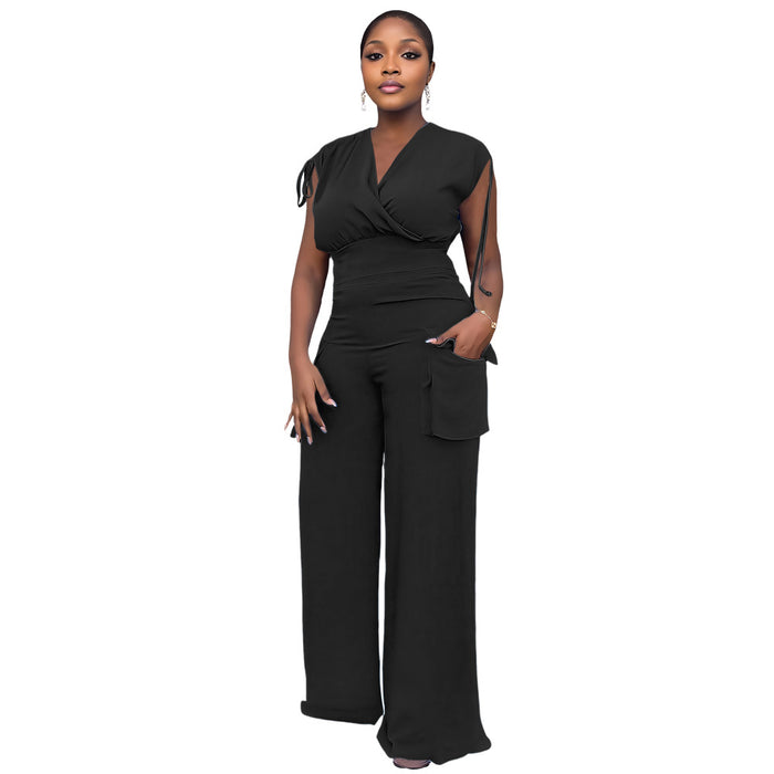 Drawstring Sleeveless Vest High Waist Women Baggy Straight Trousers Two Piece Suit-Black-Fancey Boutique