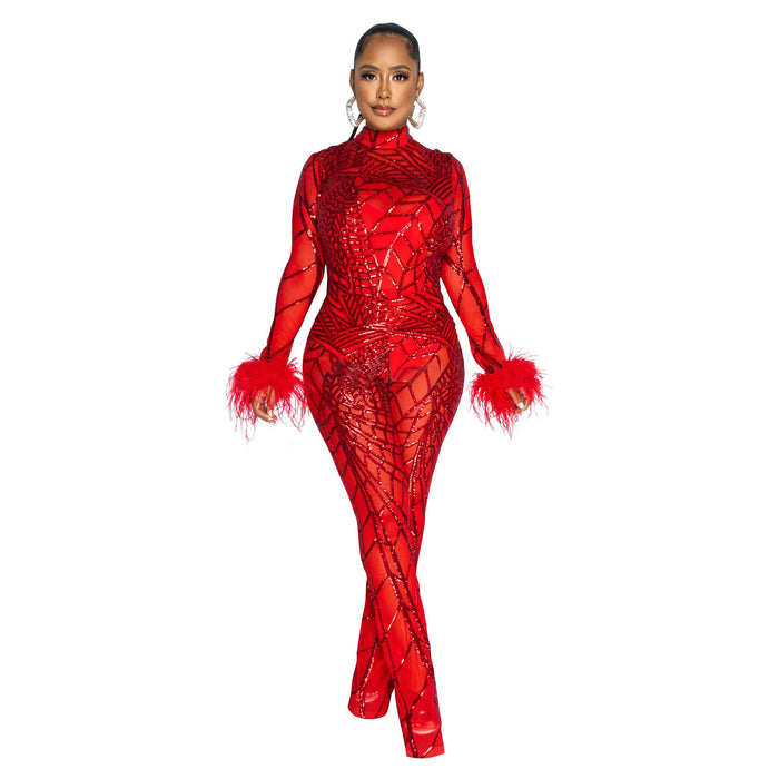 Color-Red-Women Wear Solid Color Mesh Feather Long Sleeved Trousers Two Piece Set-Fancey Boutique