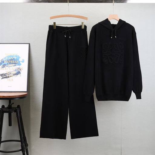 Suit Western Casual Russian Hooded Cored Yarn Sweater Wide Leg Pants Knitted Two Piece-Black-Fancey Boutique