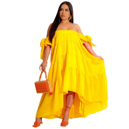 Color-Yellow-Spring Summer Women Clothing Sexy Off The Shoulder Large Swing Dress-Fancey Boutique