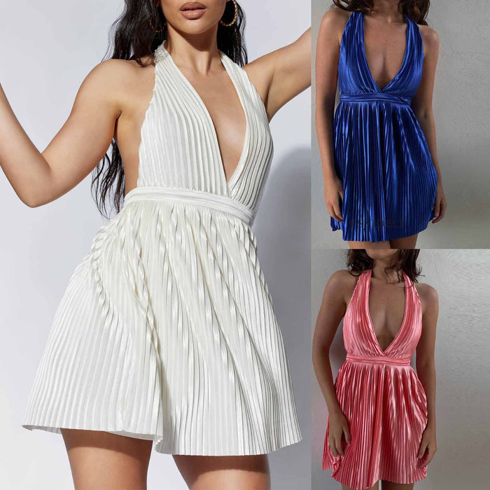 Summer Solid Color Sleeveless Halter Dress Women Sexy Sexy Backless Pleated V-neck Short Dress Women-Fancey Boutique