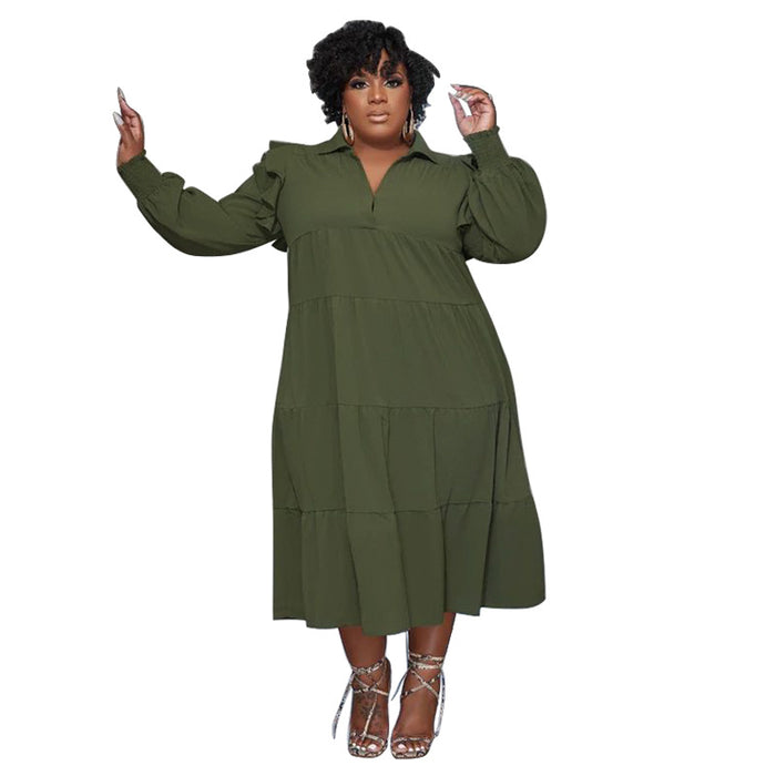 Color-Army Green-Plus Size Women Clothing Popular Lotus Leaf Shoulder Long Sleeve Layered Large Swing Dress-Fancey Boutique