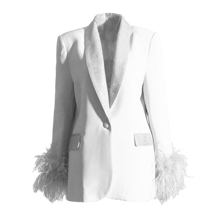 Color-White-Autumn Fashionable Blazer Women Classic Stitching Ostrich Feather Light Diamond Decorative Blazer-Fancey Boutique