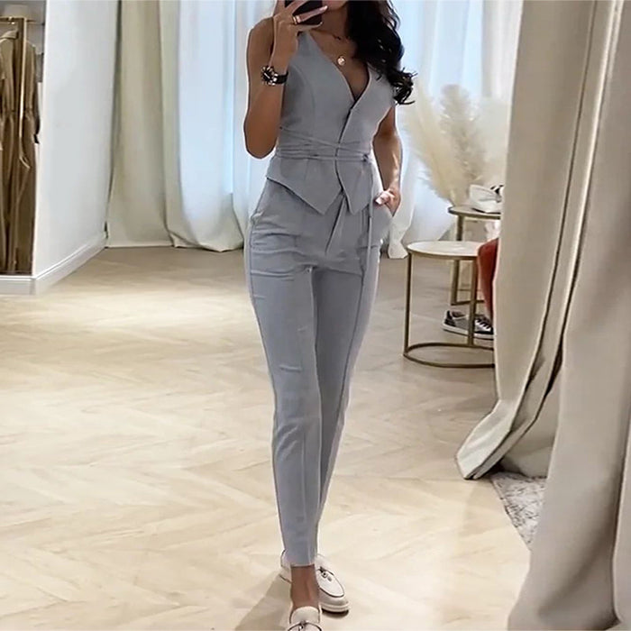 Women Clothing Suit Two Piece Vest Set-Gray-Fancey Boutique