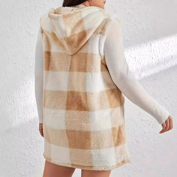 Fall Winter Popular Elegant Cardigan Two Tone Plaid Hooded Women Plush Vest Coat Women-Fancey Boutique