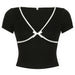 Women Clothing Summer Basic Casual V neck Short Sleeve Hemming Contrast Color Bow Stitching Pullover T shirt Tops-Black-Fancey Boutique