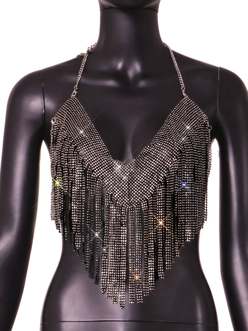 Color-Black-Women Clothing Sexy Full Rhinestone Hanky Hem Tassel Exposed Cropped Deep V Plunge Vest Camisole Cropped Outfit Top-Fancey Boutique