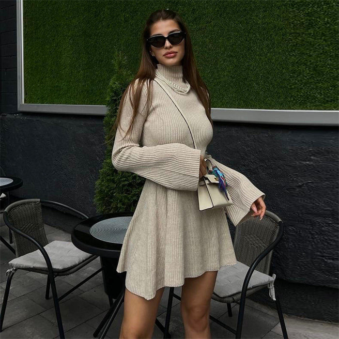 Long Sleeve Knitted Turtleneck Dress Solid Color A line Autumn Winter Hip Wrapped Short Dress-Fancey Boutique