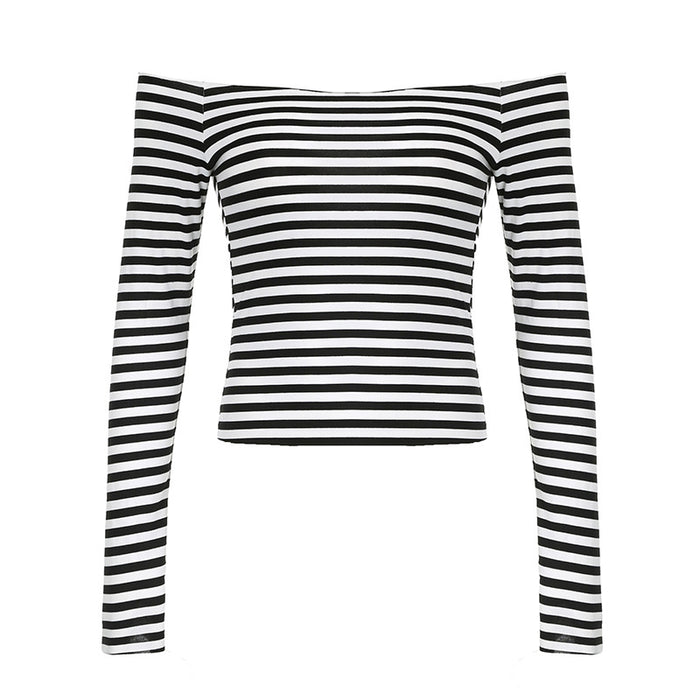 Black White Contrast Color Striped Sexy Slimming Off Shoulder T Shirt Autumn Sexy Off Shoulder Base Long Sleeve Shirt-Black and white-Fancey Boutique