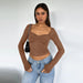 Color-Coffee-Sexy Square Neck T shirt Women Autumn Solid Color Long Sleeved Short Top Sexy Cropped Knitted Sweater-Fancey Boutique