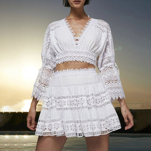 Color-White-Autumn Elegant Lady V neck Short Top Ultra High Waist Pleated Skirt Set Two Piece Set-Fancey Boutique