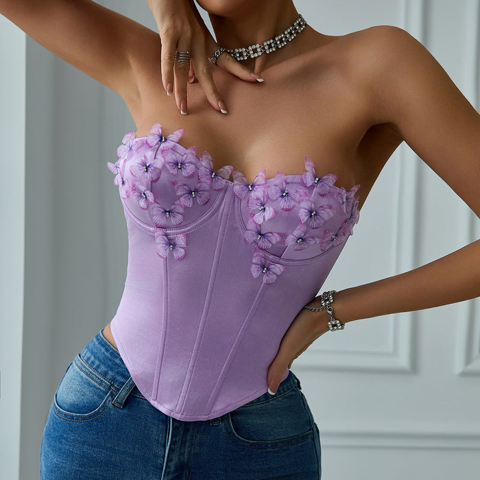 Sexy Low Cut Satin Butterfly Tube Top Diamond Steel Ring Boning Corset Top-Fancey Boutique