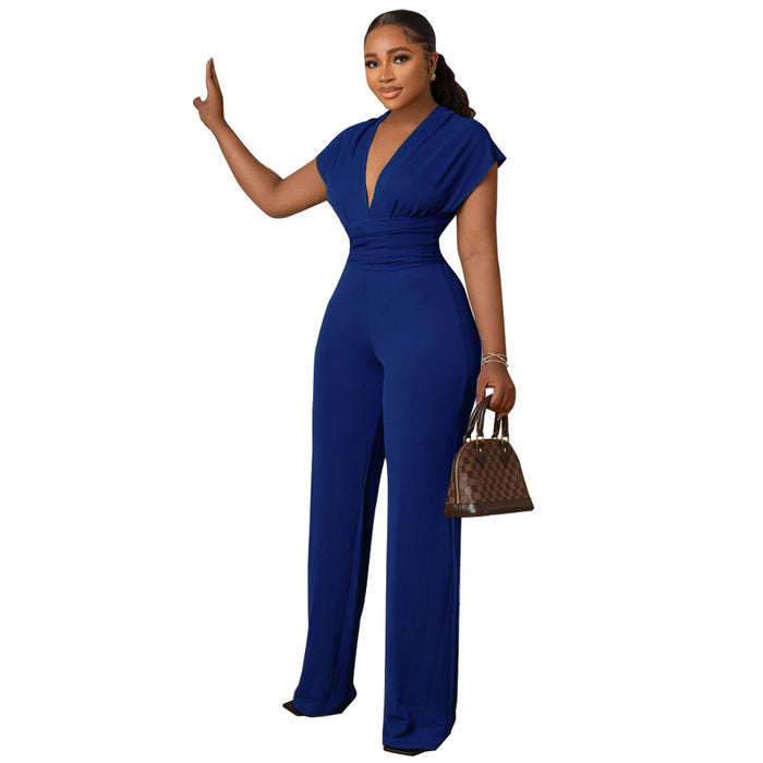 Color-Blue-Low Cut Solid Color Waist Tight Women Jumpsuit-Fancey Boutique