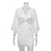 Summer White Satin Deep V neck Hollow Out Cutout Twisted Three Quarter Sleeve Tight Dress-White-Fancey Boutique