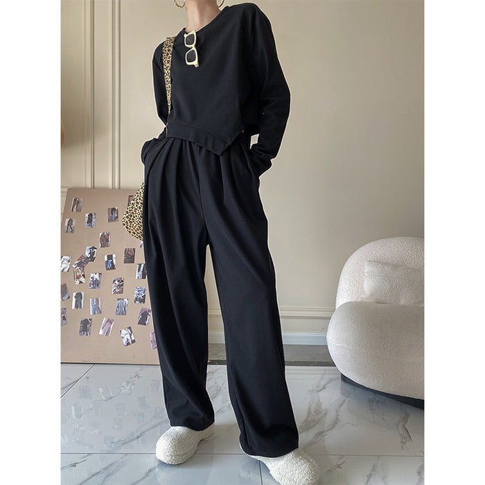 Color-Black-Casual Breathable Short Sweater Wide Leg Pants Suit High End Women Clothing Two Piece Suit Small-Fancey Boutique