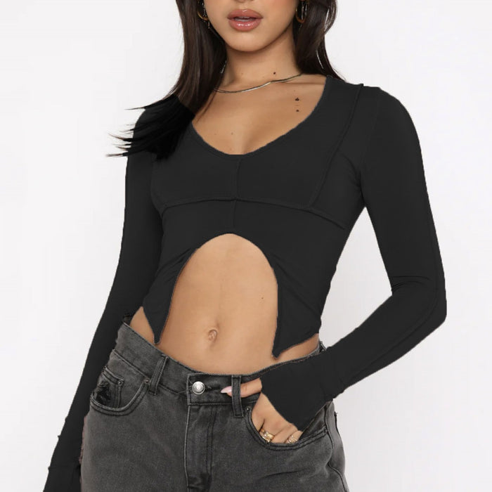 Color-Black-Chic Sexy U Collar Hollow Out Cutout Out Top Bat down U Cropped Sexy Slim Long Sleeve T Shirt Women-Fancey Boutique