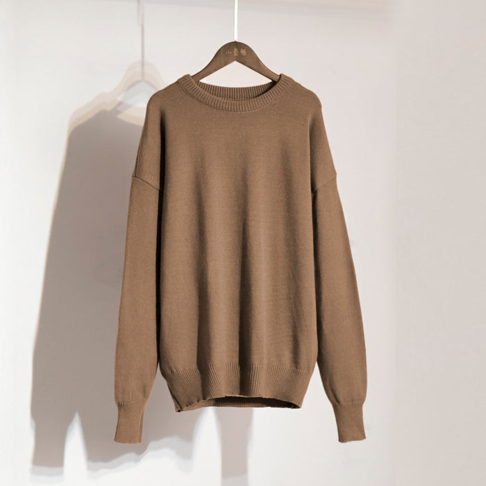 Solid Color round Neck Sweater Autumn Winter Office Casual round Neck Knitted Sweater-Dark Brown-Fancey Boutique