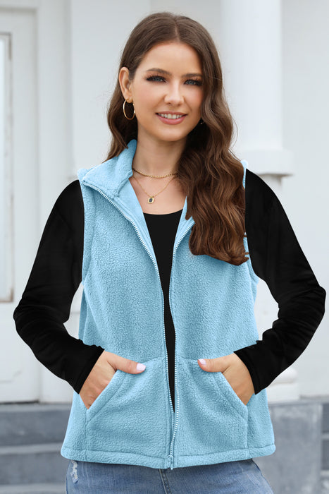 Women's Polar Fleece Zipper Collared Waistcoat-skyblue-Fancey Boutique