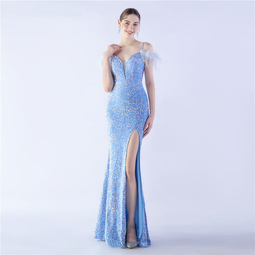Color-Sky Blue-Craft Order Ostrich Feather High Density Sequined Long Evening Dress-Fancey Boutique