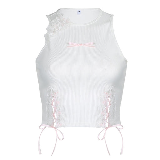Color-White-Fresh Girl Sense Lace Irregular Asymmetric Hollow Out Cutout Out Lace Up Design Bow Sleeveless Slim Vest-Fancey Boutique