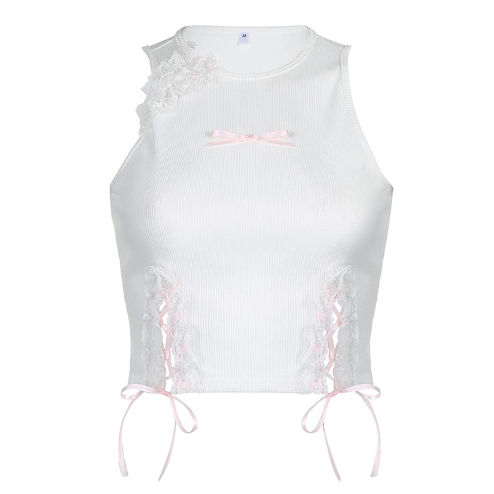 Color-White-Fresh Girl Sense Lace Irregular Asymmetric Hollow Out Cutout Out Lace Up Design Bow Sleeveless Slim Vest-Fancey Boutique