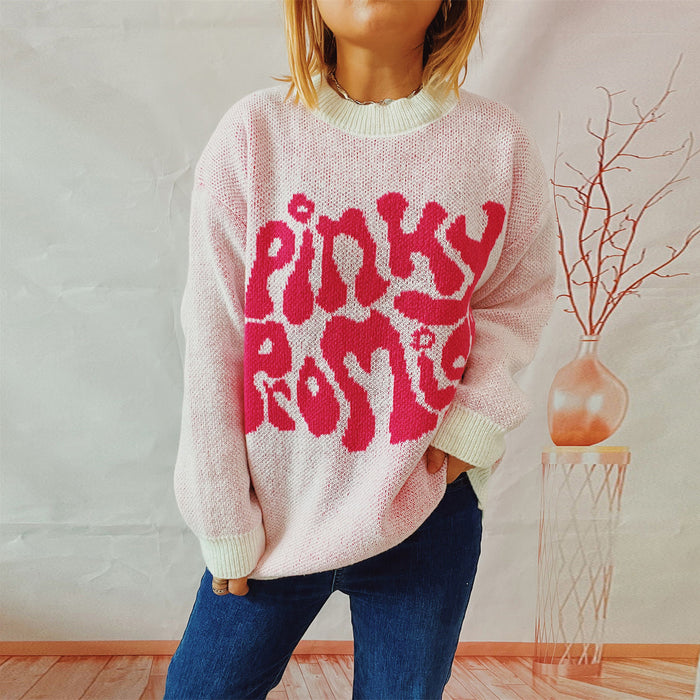Color-Pink and White-Casual Loose Letter Graphic Jacquard round Neck Long Sleeve Knitted Pullover Autumn Winter Coat Sweater-Fancey Boutique