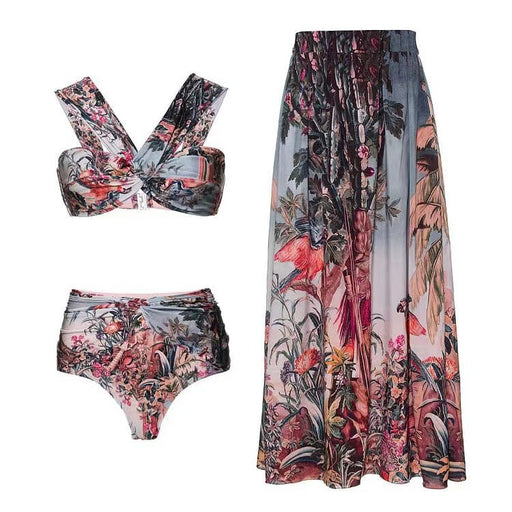 Color-Set-Vacation Beach Dress Swimsuit Women's Retro Printed Spring Bathing Suit Three Piece Suit-Fancey Boutique