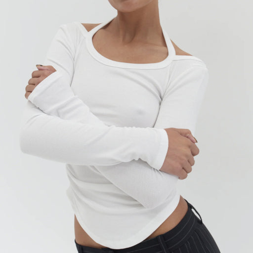 Color-White-Magazine Thread Backless Top Oval Hem Design Slim Fit Halterneck Long Sleeved T Shirt Women-Fancey Boutique