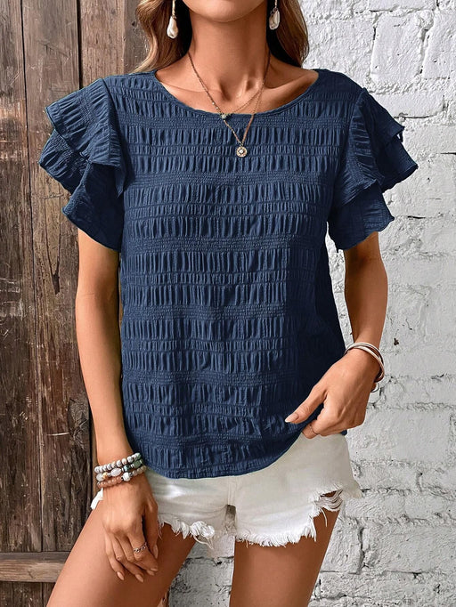Women Clothing Summer Double Layer Ruffle Sleeve round Neck Elegant Pullover T shirt for Women-Sea Blue-Fancey Boutique