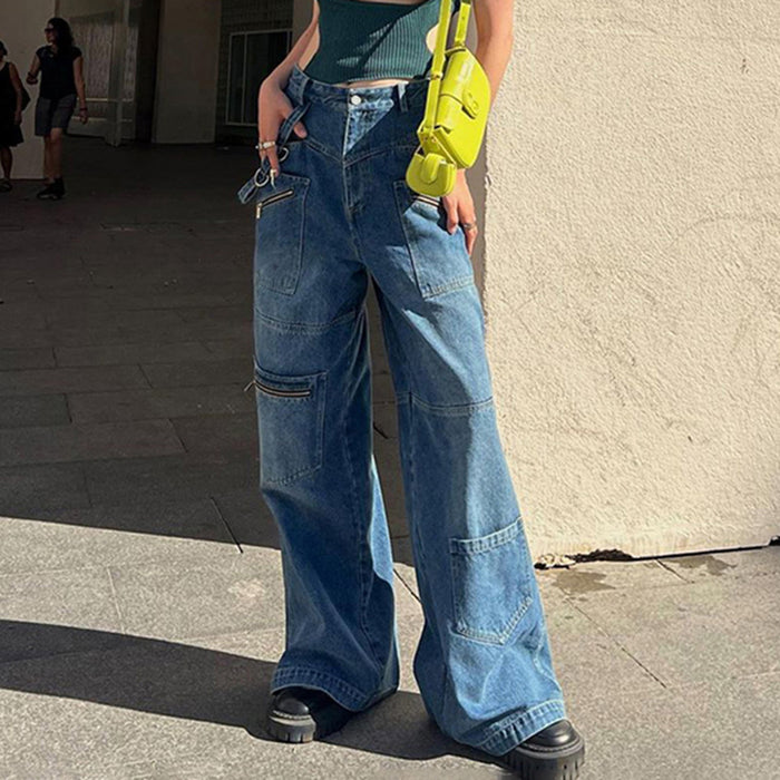 Tall Multi Pocket Zipper Worn Jeans Women Ribbon Straight Wide Leg Trousers-Fancey Boutique