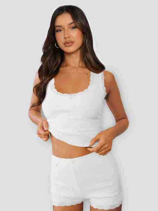 Color-White-Lace Stitching Home Two Piece Slim Fit Sling High Waist Shorts Women Multi Color Casual Suit-Fancey Boutique