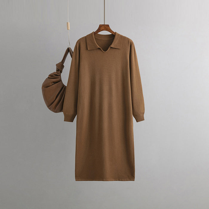 Color-Yellowish Brown-Women Clothing V neck Loose Solid Color Idle Overknee Sweater Dress Women Autumn Winter Dress-Fancey Boutique