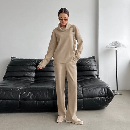 Autumn Casual Street Khaki Knitted Sunken Stripe High Collar High Waist Sports Elastic Band Russia All Match Suit-Fancey Boutique