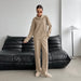 Autumn Casual Street Khaki Knitted Sunken Stripe High Collar High Waist Sports Elastic Band Russia All Match Suit-Fancey Boutique