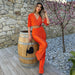 Color-nacarat-Summer Casual Straight Pants Suit Solid Color Pleated Short Sleeve V neck Lace up Top Trousers Two Piece Set-Fancey Boutique