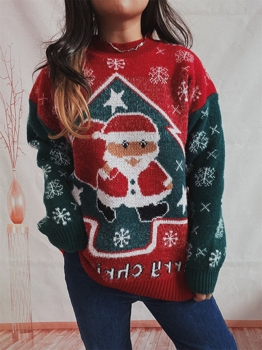 Color-Red-Year Sweater Santa Claus Snowflake Color Contrast Patchwork round Neck Long Sleeve Knitted Pullover-Fancey Boutique