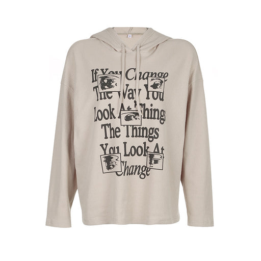 Color-Khaki-Hip Hop Street Letter Graphic Print Hooded Lace Sweater Loose Casual Sexy Autumn Thin Top-Fancey Boutique