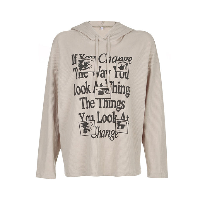 Color-Khaki-Hip Hop Street Letter Graphic Print Hooded Lace Sweater Loose Casual Sexy Autumn Thin Top-Fancey Boutique