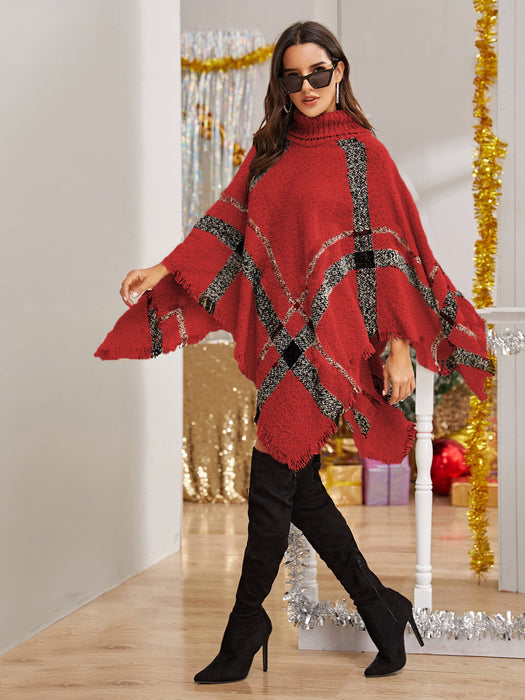Color-Red-Autumn Winter Irregular Asymmetric Turtleneck Plaid Cape Sweater for Women-Fancey Boutique
