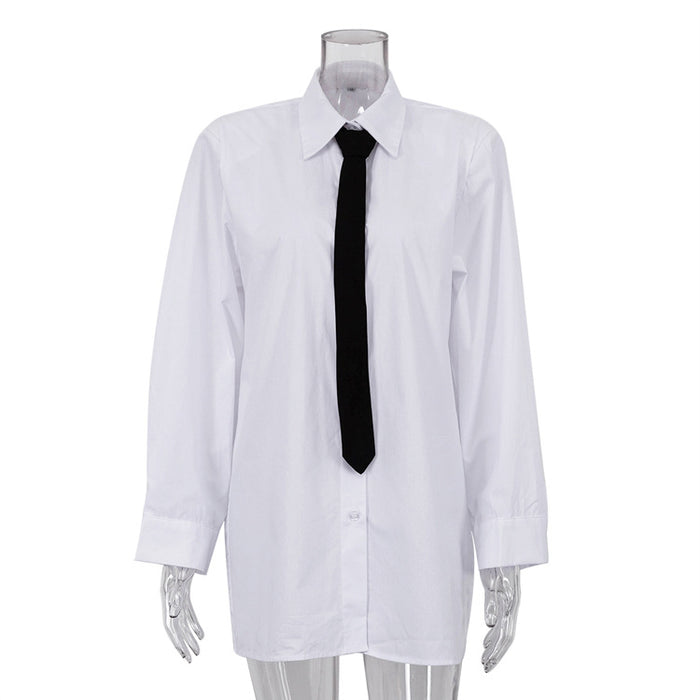 Spring Women Cotton Long Sleeved Shirt with Black Tie Loose Long White Shirt-White-Fancey Boutique