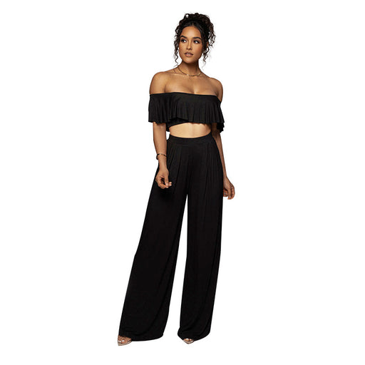 Color-Black-Sexy off-Neck Lotus Leaf Tube Top Cropped Top Women Clothing Casual Wide Leg Pants Suit-Fancey Boutique