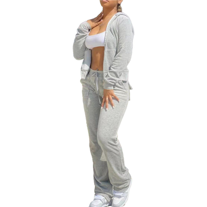 Color-Gray-Sexy Hooded Three Dimensional Pocket Sweatshirt Fleece Lined Two Piece Suit-Fancey Boutique