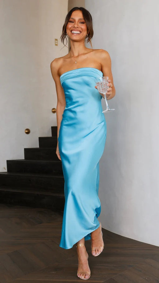 Color-skyblue-Spring Summer Elegant Socialite Satin Hollow Out Cutout Backless Tube Top Dress Length-Fancey Boutique