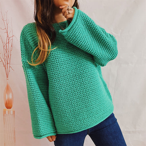 Color-Green-Casual Loose Solid Color off Neck Knitted Long Sleeved Pullover Bottoming Thick Needle Sweater for Women-Fancey Boutique