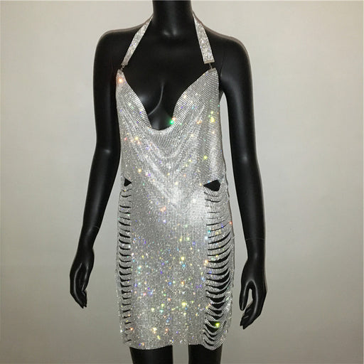 Women Clothing Popular Metal Rhinestone Dress Sexy Party Nightclub Halter Dress Women-Silver-Fancey Boutique