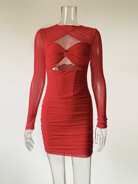 Sexy Sling Hollow Out Cutout Irregular Asymmetric Stitching Mesh Long Sleeve Hip Dress Long Sleeve Dress-Red-Fancey Boutique