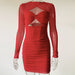 Sexy Sling Hollow Out Cutout Irregular Asymmetric Stitching Mesh Long Sleeve Hip Dress Long Sleeve Dress-Red-Fancey Boutique