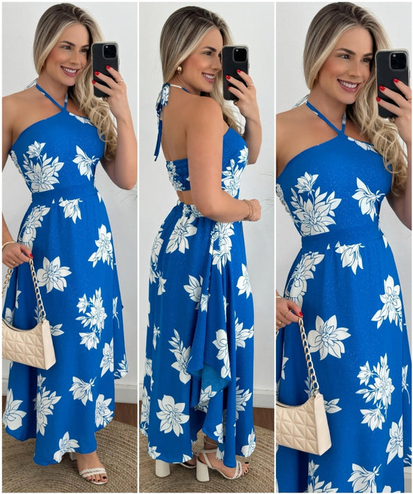 Spring Summer Southeast Asia Vacation Personalized Digital Printing Halter Tube Top Thin Strap Dress-Blue Printed Dress-Fancey Boutique